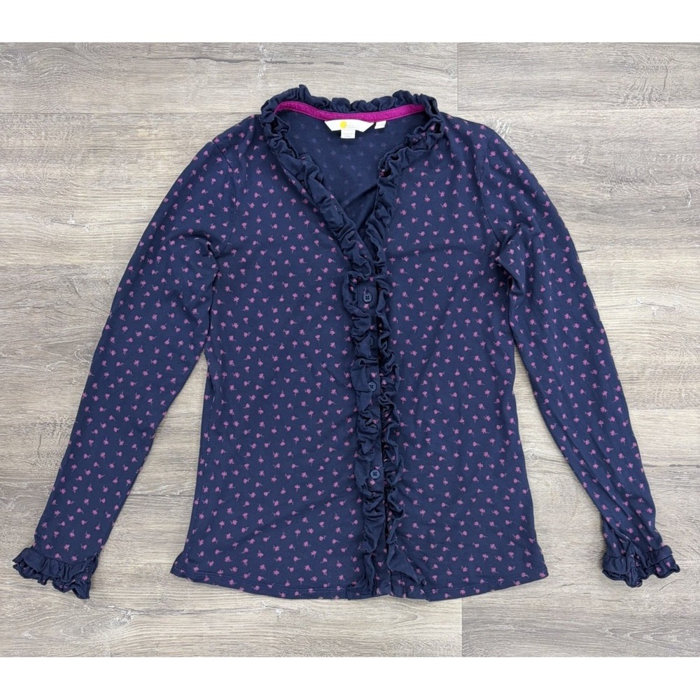 Boden Caroline Longsleeve Shirt Navy & Pink Poppy Floral Ruffle Trim Women's 4
